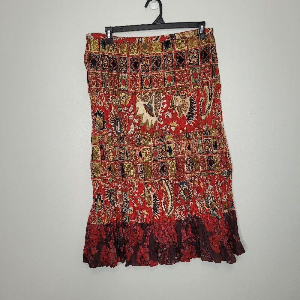 Vintage y2k brown red mixed print pull on grunge boho midi maxi skirt size xl